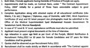 Vacancies At Syed Muhammad Hussein Government TB Sanatorium Samli Murree